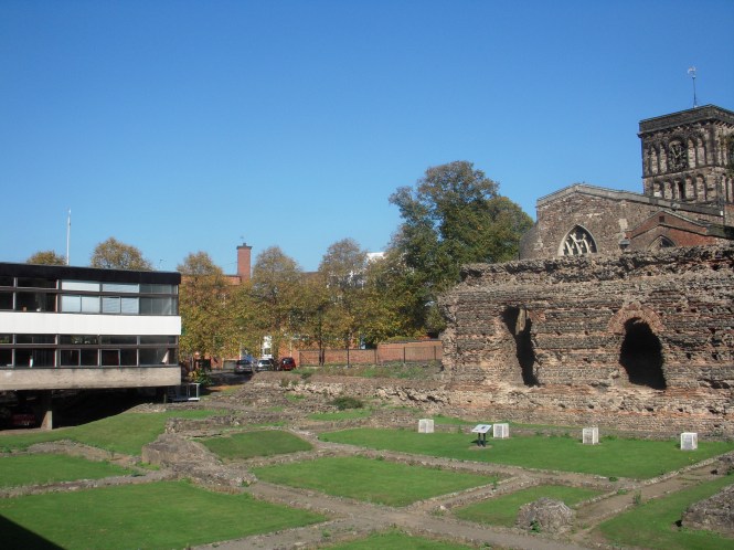 Ancient Roman ruins against the backdrop of modern Leicester: Jewry Wall