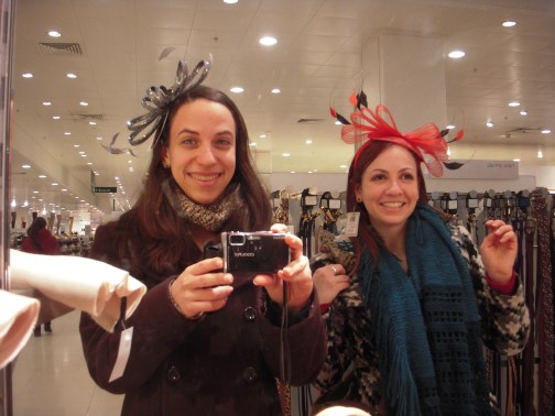 Trying on 'fascinators' at the department store.