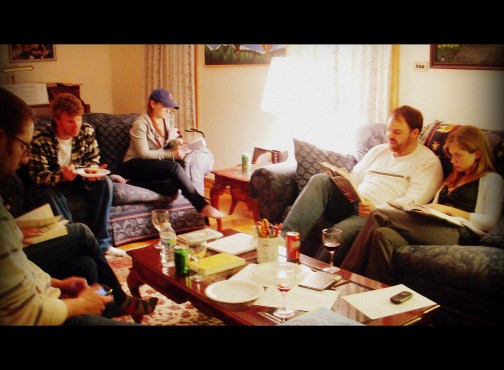 Things that happen at a Poetry Party: reading, pie-eating, and phone-checking.