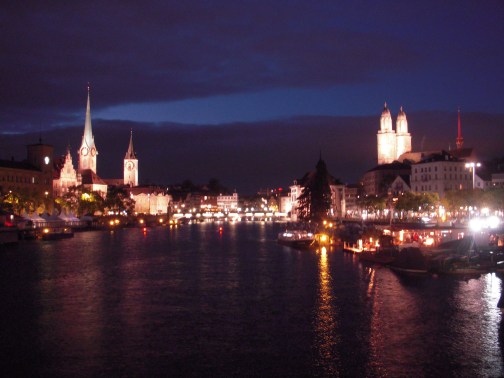 The downtown area of Zurich by night