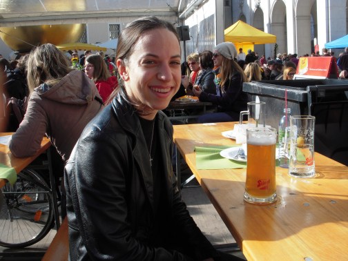 Chilling at the outdoor festival with a stein of Stiegl